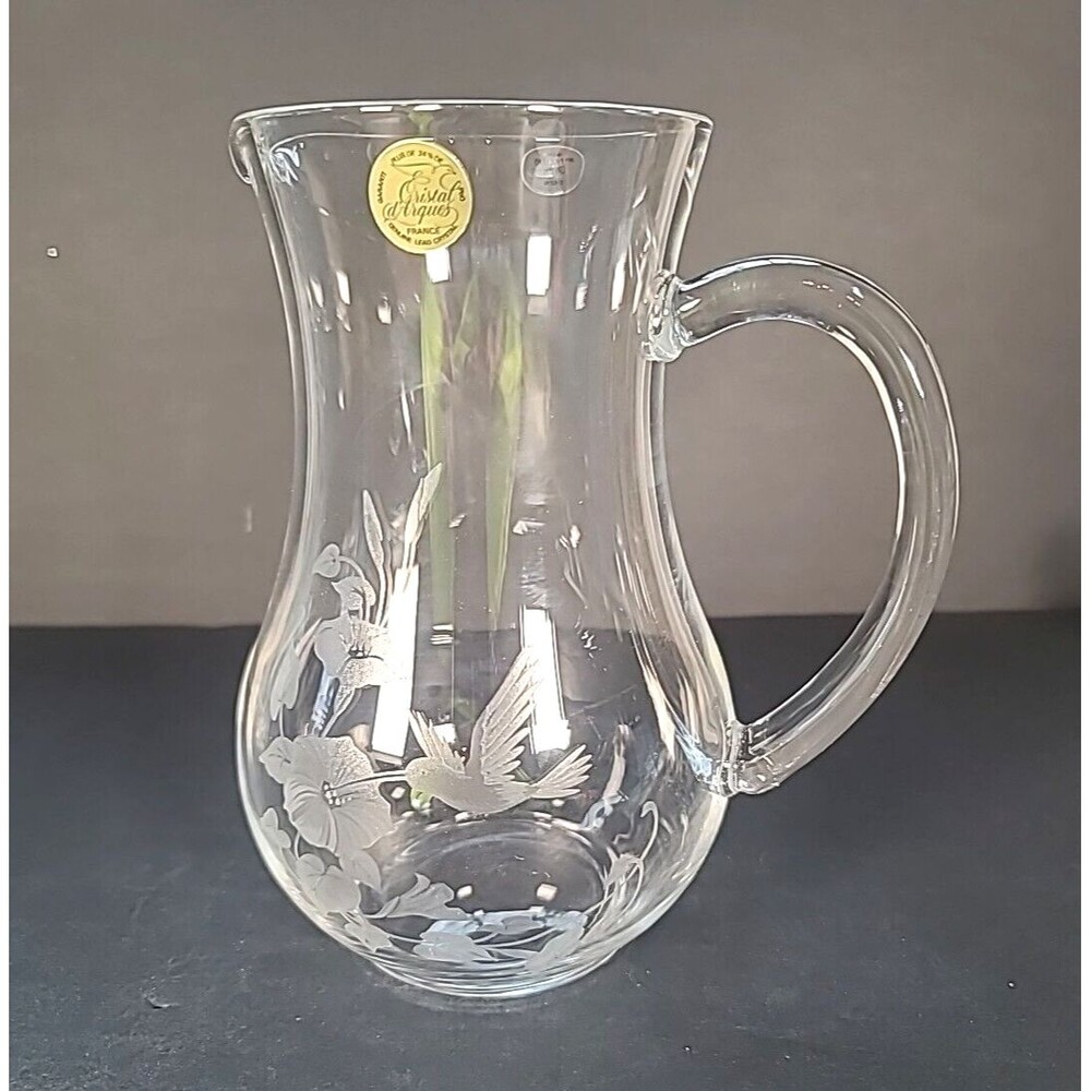 Lead Crystal Pitcher Hummingbird Etched Design Hand Blown in France Avon VTG - Picture 1 of 10